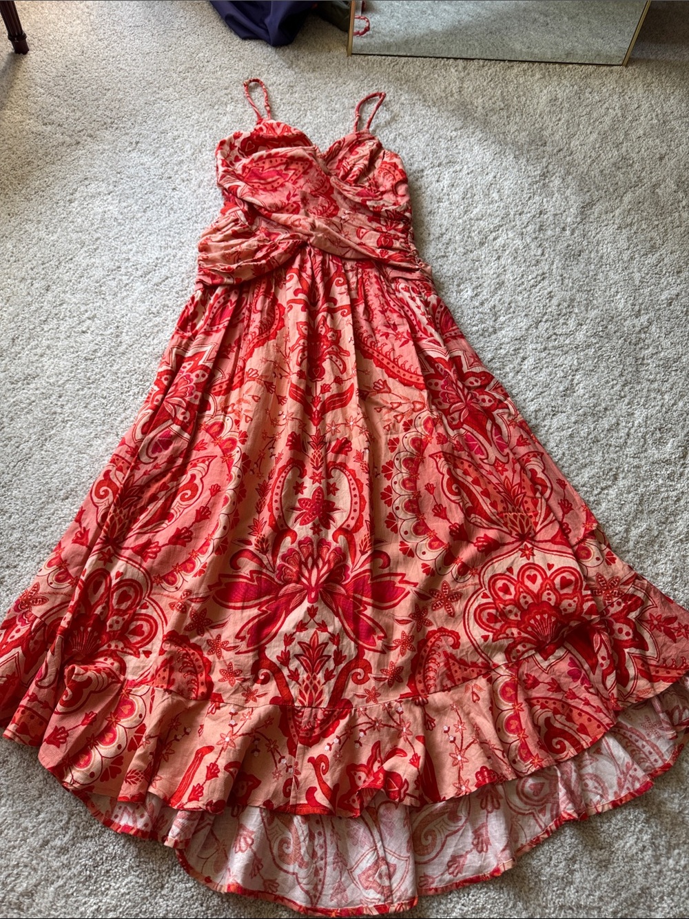 FARM Rio Red Floral Midi Dress with Twisted Bodice